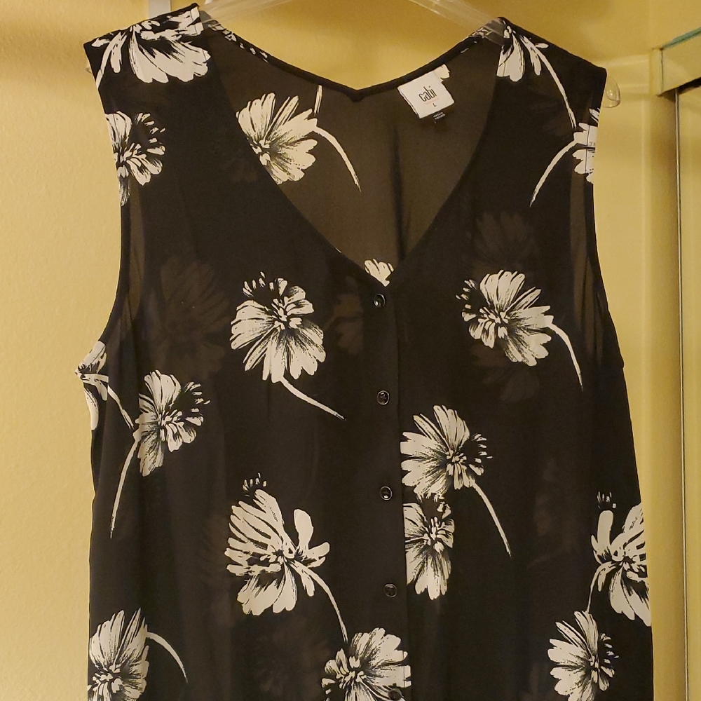 CABI Black Semi-sheer Floral Sleeveless Top Sz L